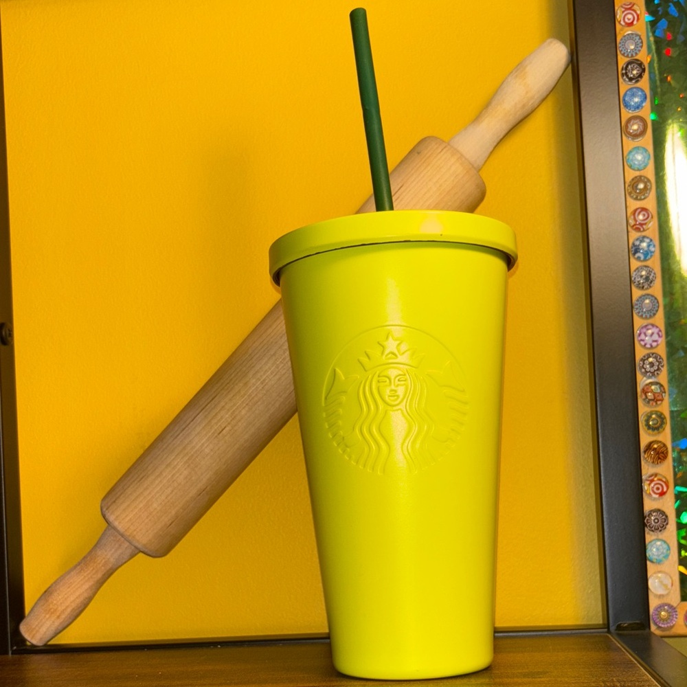 Starbucks Vibrant Yellow Cup with Green Straw